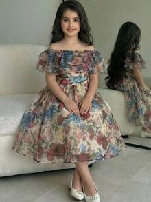SHEIN Pitira 少女優雅荷葉邊花卉印花收腰中長洋裝 - 彩色 - 查看 3