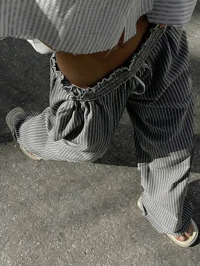 DAZY 女士腰带条纹口袋阔腿宽松休闲裤