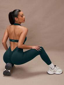 Lumalex 纯色褶皱露背无袖连体裤 - 墨綠色 - 查看 8