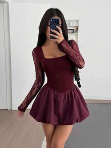 SHEIN EZwear Wine Red Bodycon Mini Dress For Women Women Dress Women Clothing Dress Burgundy Lace Sleeve Dress Burgundy Dress Maroon Elegant Dress Women's Dress Casual Dress Cheap Dresses For Women Party Dress For Women Nightclub Zanea Dress For Woman High Quality Dress Party Outfits For Women - Burgundy - View 6