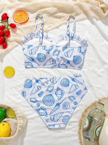 SHEIN Áo bikini hai dây cho bé gái tuổi teen, họa tiết vỏ sò xanh, đồ bơi thoải mái cho kỳ nghỉ hè, tiệc bể bơi. - Xanh và trắng - Xem 2