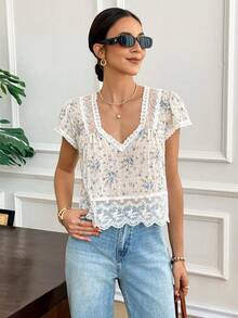 Serisse Áo sơ mi nữ tay ngắn họa tiết hoa nhí kiểu dáng thường ngày - Màu xanh lam - Xem 3