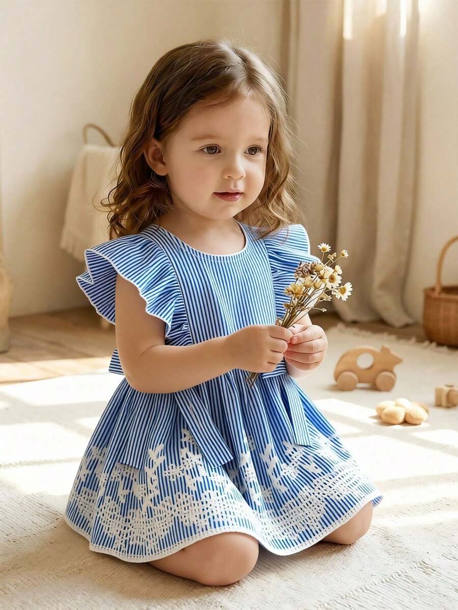 女婴蓝白条纹无袖收腰连衣裙，裙摆饰有刺绣，时尚高端工艺夏季连衣裙 - 藍色 - 查看 1