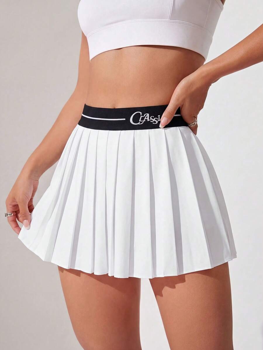 SHEIN Sports 女士夏季字母撞色弹力腰褶裥下摆网球短裙 - 白色 - 查看 1