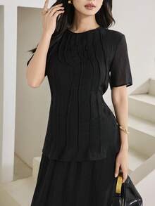 Heiryn Set elegant de 2 piese pentru femei, cu top și fustă, în culoare solidă, stil naveta - Negru - Vizualizare 6
