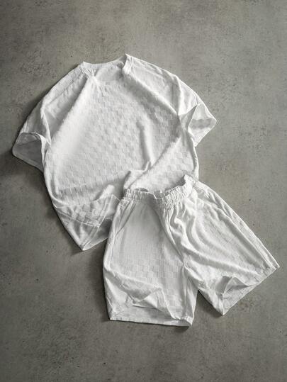 PAVTROS Men's Checkerboard Print Crew Neck Short Sleeve T-Shirt And Shorts Casual Set