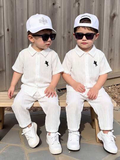 2件套男童休闲舒适百搭条纹立领短袖衬衫和短裤套装