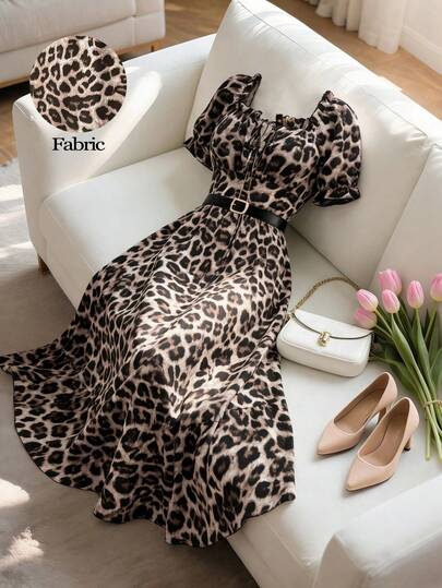 SHEIN Tall CURVE Plus Size Women Square Neck Bow Tie Leopard Print Criss-Cross Backless Tie Dress