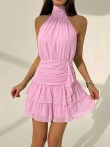 Aloruh Waist Cinched Ruched Hem Flounce Back Tie Mini Dress, Valentine's Day,Pink Dress - Pink - View 6