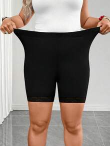 Elenzga Plus Size Women Solid Color Casual Versatile Daily Wear Skinny Shorts - Black - View 3