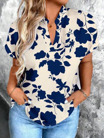 EMERY ROSE Plus Size Casual Leaf & Plant All-Over Print Shirt, Fashionable Women's Top, Plus Size Blouse For Spring/Summer V Neck Blouses For Women Zanzea Blouses For Women Shirts For Ladies Casual Casual Summer Outfits For Woman Blouse For Women Casual