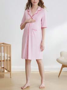 Camisón de maternidad de enfermería holgado con cuello de solapa y ribete de contraste, para verano - Rosa - Ver 4