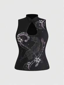 ROMWE Goth Áo tank top nữ cỡ lớn dáng ôm, cổ tàu, in hình xăm giả hổ và hoa mai phong cách Y2K retro. - màu đen - Xem 1