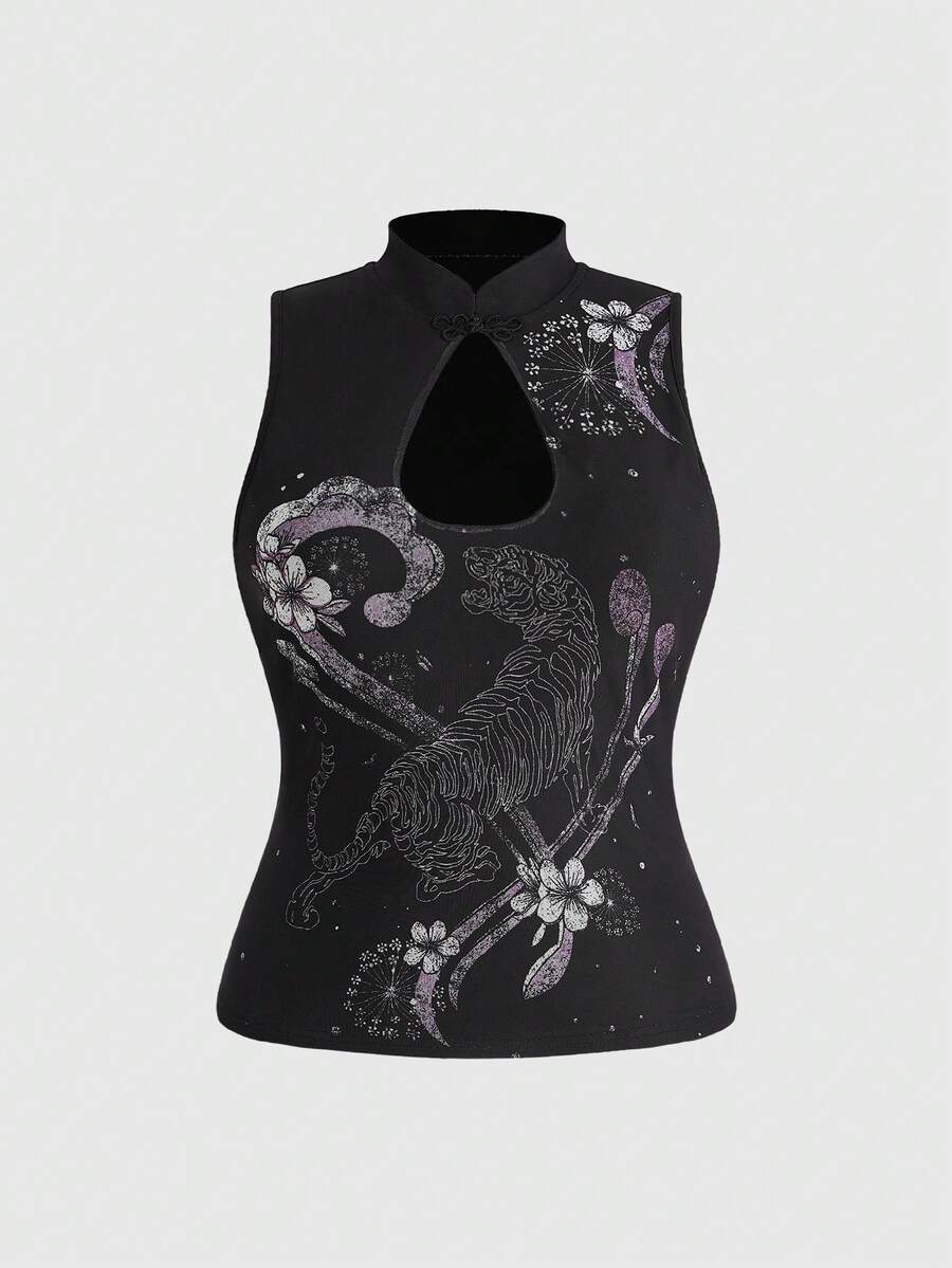 ROMWE Goth Áo tank top nữ cỡ lớn dáng ôm, cổ tàu, in hình xăm giả hổ và hoa mai phong cách Y2K retro. - màu đen - Xem 1