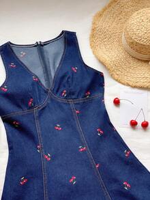 Brillora Women's Cherry Pattern V-Neck Sleeveless Denim Dress - Dark Wash - View 6