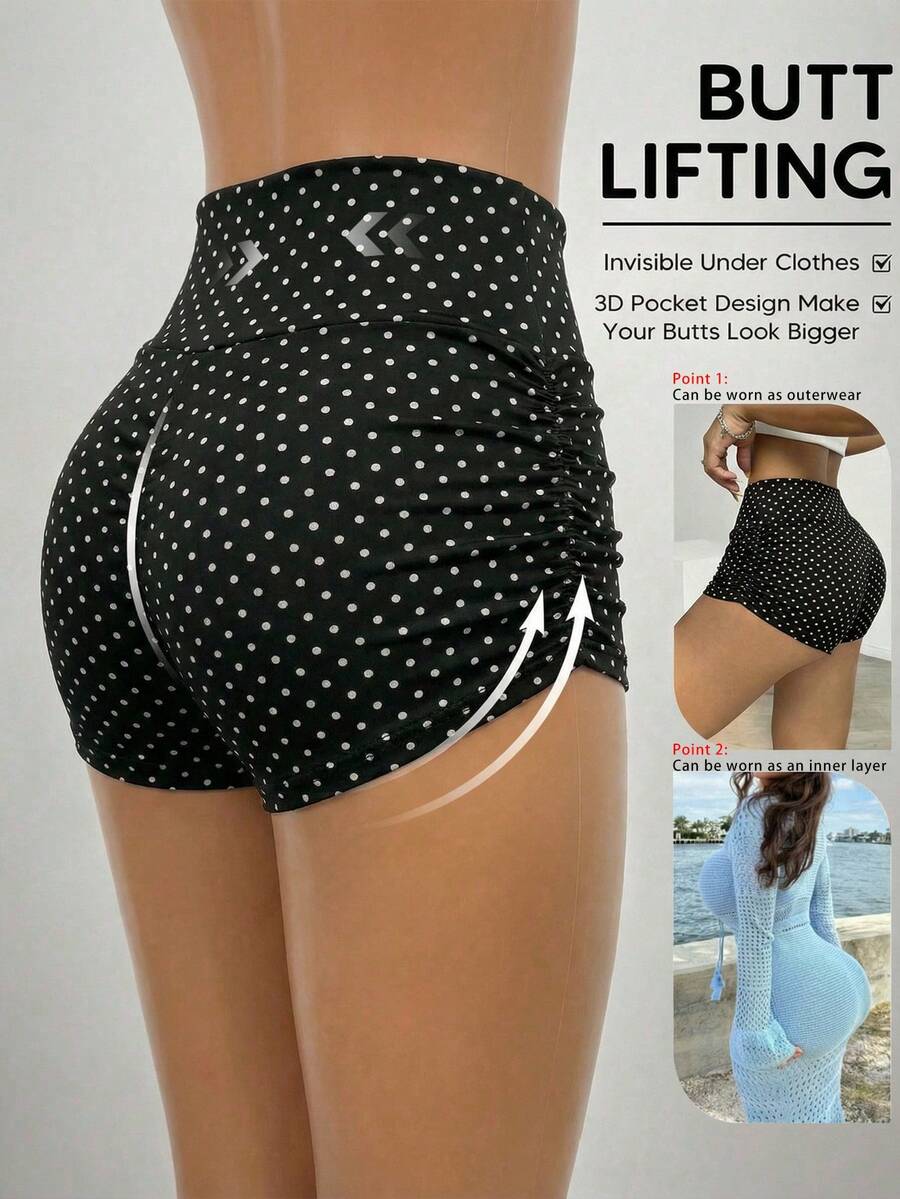 SHEIN EZwear Quần short đạp xe nữ màu trơn xếp ly chấm bi đen trắng, thích hợp cho đạp xe, yoga, thể thao mùa hè, chấm bi Ducati, chấm bi cổ điển, quần short chấm bi phong cách Mỹ, quần short đạp xe, quần short thể thao, giúp thắt eo và nâng mông. - Nhiều màu - Xem 1
