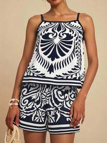 Travachic Bộ đồ 2 mảnh dành cho nữ, gồm áo hai dây và quần short kẻ sọc, thích hợp cho kỳ nghỉ. - Đen và trắng - Xem 7