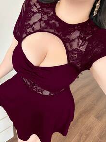 Vibekara Đầm nữ cỡ lớn gợi cảm, kiểu dáng chữ A, tay ngắn, phối ren, khoét lỗ, xếp ly, cổ khoét sâu, thanh lịch, cổ điển, lãng mạn, ôm sát, dễ thương, xuyên thấu, thích hợp cho mùa xuân, mặc hàng ngày, đi học, sinh nhật, tiệc tùng, dự đám cưới, công sở, dạo phố. - Màu Đỏ Sâu - Xem 4