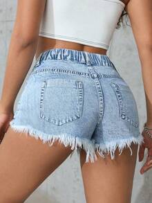 SHEIN ICON Plus Size Women Distressed Light Wash Denim Shorts, Sexy Cowboy Outfits - Light Wash - View 2
