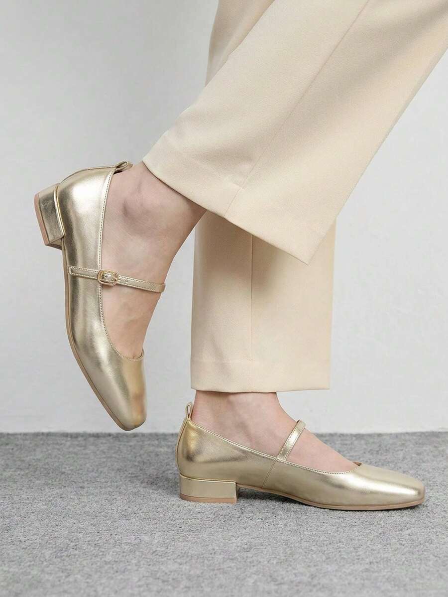 CUCCOO BIZCHIC Zapatos de mujer de punta cuadrada dorada, sencillos y elegantes para uso diario - Dorado - Ver 1
