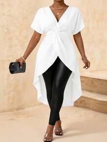 Villa Velisse Plus Size V-Neck Ruched Waist Asymmetrical Hem Fashionable Blouse - White - View 5