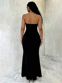 SHEIN ChicEase Đầm cúp ngực dáng đuôi cá thanh lịch dành cho nữ, phối màu tương phản, đính nơ 3D, thích hợp cho mùa xuân/hè. - màu đen - Xem 2