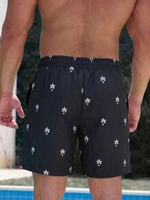 Manfinity Swimmode 男士休闲全印花抽绳腰沙滩短裤，夏季度假风 - 黑色 - 查看 2