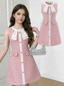 Elladie kids Đầm tweed không tay dành cho thiếu nữ mùa xuân/hè, cổ tròn với nơ trắng tinh tế, một hàng cúc vàng, dáng chữ A dài đến đầu gối, phù hợp cho mặc hàng ngày, dự tiệc và các dịp lễ, họa tiết kẻ caro hồng thể hiện sự thanh lịch. - Bụi hồng - Xem 8