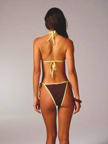 Aralina 3 Piece Shine Binding Bikini Summer Spring Swim Vacation Beach Triangle Spot Mesh Maxi Sexy Three Piece Set Chocolate - Brown - View 2