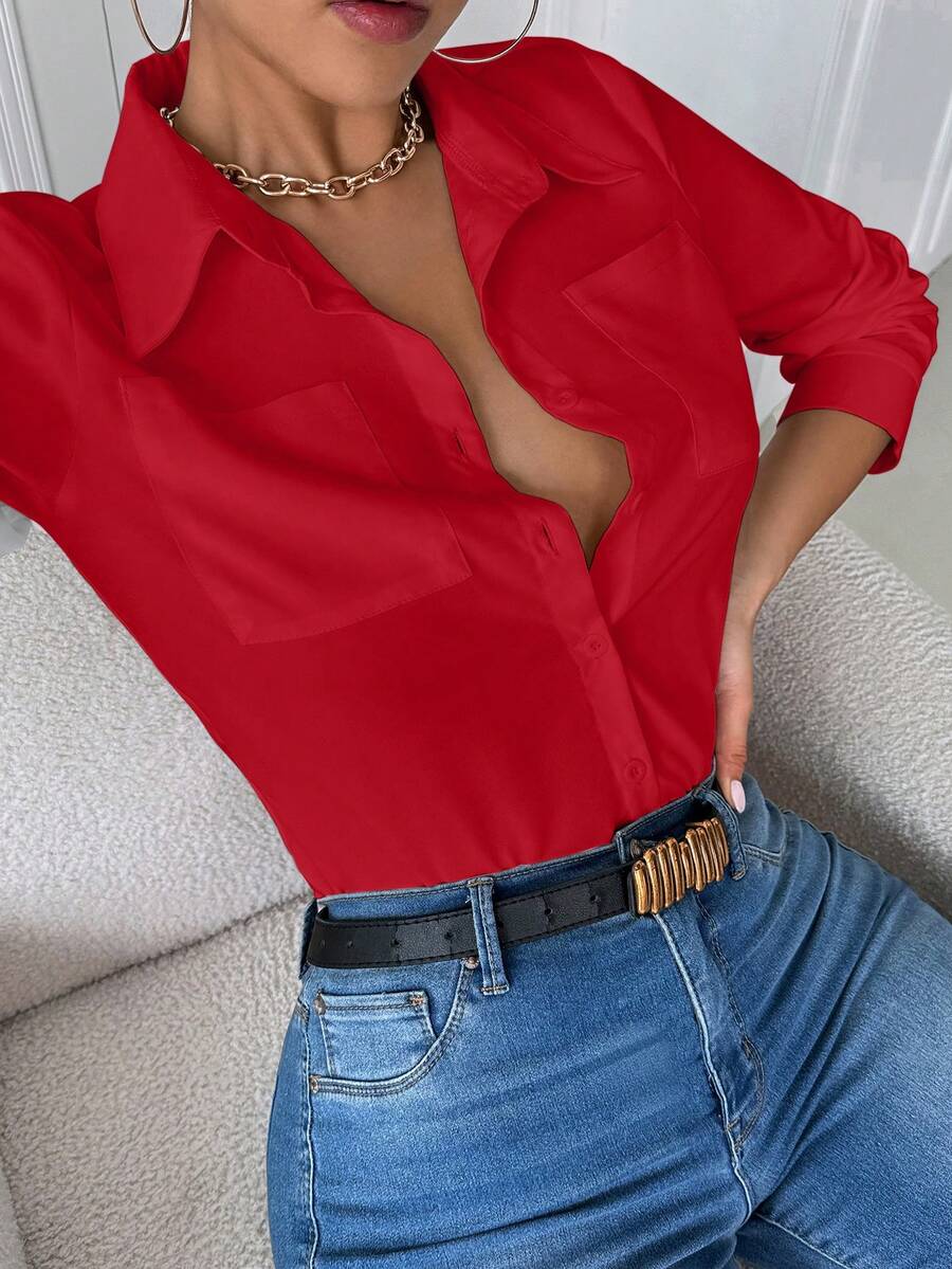 Airaco 女士休闲领口袋修身白色长袖衬衫女式衬衫 - 紅色 - 查看 1