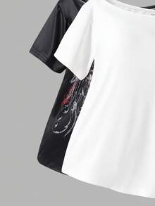 Sparklyn 少女休闲不对称领口交叉印花T恤，夏季 - 黑與白 - 查看 7