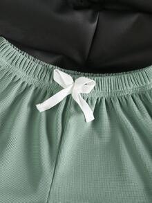 SHEIN 女童可爱爱心刺绣针织短袖T恤套装，时尚休闲运动装，适合日常、户外、度假穿着 - 綠色 - 查看 3