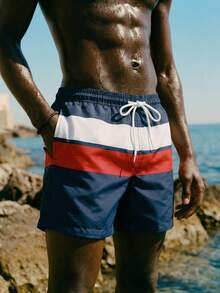 Manfinity KASUA Men's Contrast Color Drawstring Waist Beach Shorts, Summer Men Swim Trunks Mens Swimwear Mens Beachwear Striped Swim Shorts Navy Red White Swim Shorts - Navy Blue - View 3