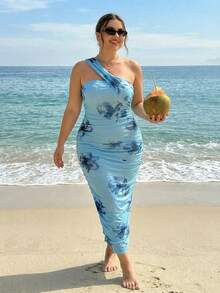 SHEIN MOD Plus Size Floral Print Asymmetric Neck Mesh Dress,Light Blue Summer Beach Holiday One Shoulder Ruched Bodycon Slim Fit Elegant Polyester Midi Dress - Blue - View 9