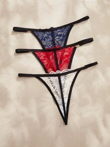 Charlaine 3 piezas Elegante y sexy ropa interior de mujer tipo tanga con encaje floral bicolor, con decoración de hebilla metálica en el lateral - Multicolor - Ver 2