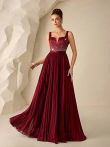 Coutiva Đầm dạ hội dài trang trọng dành cho nữ với phần thân áo đính đá lấp lánh và chân váy xếp ly bằng vải chiffon (phiên bản đính đá) - Màu Đỏ Sâu - Xem 1