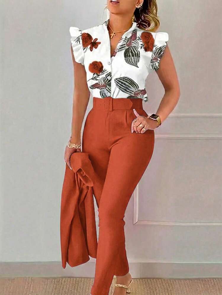 SHEIN LUNE Conjunto elegante de 2 piezas con blusa de cuello con muesca con estampado floral y pantalones de unicolor (el cinturón es decorativo) - Naranja - Añade 3