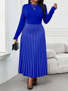 SHEIN Lady CURVE 秋冬优雅通勤办公室彩色针织立领喇叭中长袖大码连衣裙冬季女装感恩节女装冬季服装长袖连衣裙冬季冬装 - 寶藍色 - 查看 5