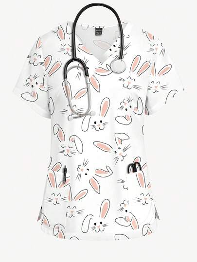 PopScrub 女士护士服上衣，饰有海星、珊瑚和可爱动物图案，V领短袖，时尚春夏护士服