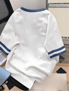 Manfinity Joysei 复古纽约刺绣图案圆领短袖T恤，夏季学院风宽松休闲情侣上衣，撞色袖口和领口，宽松小众设计图案圆领T恤，男女皆宜。 - 彩色 - 查看 2