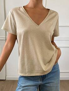 Livesso Kaos Wanita Lengan Pendek Longgar Kasual Warna Polos Leher V, Cocok untuk Musim Panas - Aprikot - View 2