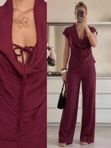 Lumalex 宽松系带低腰直筒加长款女士西装套装 - 中紫紅色 - 查看 12