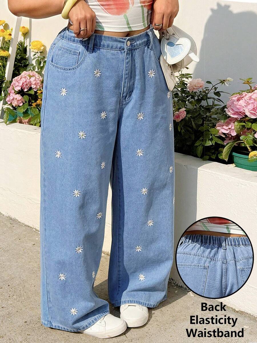 GalTyme 大码休闲水洗雏菊刺绣牛仔裤 - 藍色 - 查看 1