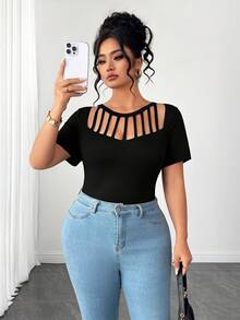 Elenzga Áo thun nữ cỡ lớn, màu trơn, khoét lỗ, thích hợp mặc đi làm hàng ngày. - màu đen - Xem 5