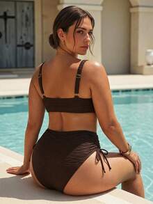 Swim Chiccia 2026 Sommer Neue Große Größen Damen Modische Sexy Spezialstoff Dunkelbraun Einfarbig Kordelzug Design Bikini Badeanzug Set Strandoutfit - Braun - Übersicht 2