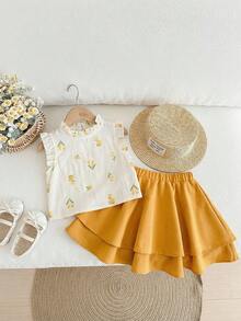 LMoss Kids LMoss 两件套少女碎花编织休闲衬衫和编织迷你裙套装 - 黃色 - 查看 3
