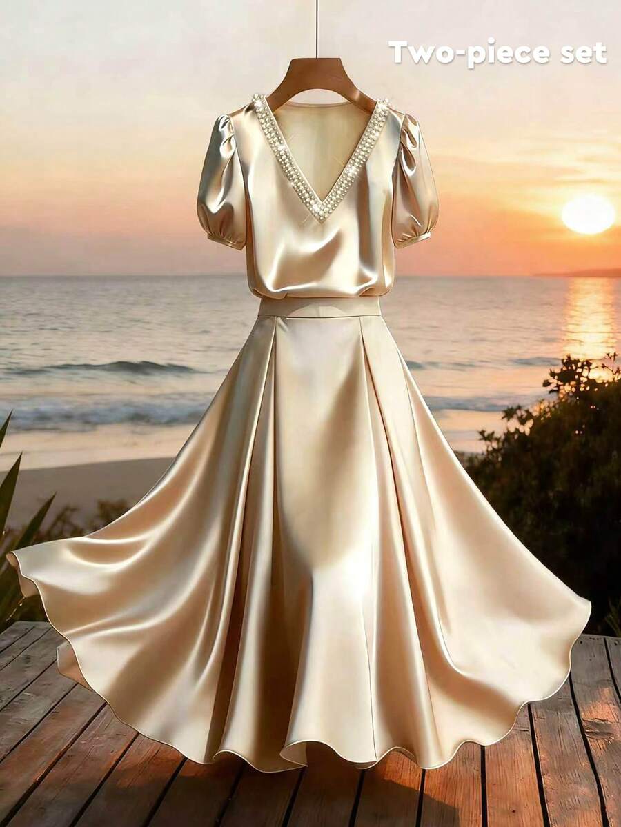 GlowEve Spring/Summer New Pearl V-Neck Puff Sleeve Top, Pleated Draping Satin Fabric Skirt, Elegant 2-Piece Set For Women - Champagne - View 1