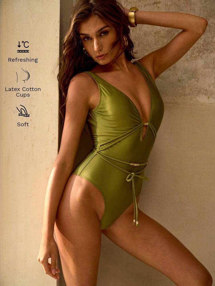 PEARL SATIN FABRIC DEEP V-NECK TIE-FRONT DESIGN METAL TEXTURE METAL DECOR DETAILS EFFORTLESS VACATION ONE-PIECE SWIMSUIT