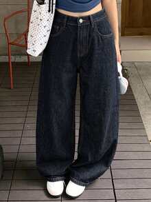 DAZY Teen Girl Pocketed Button Letter Graphic Casual Versatile Daily Wear Wide Leg Jeans - Blue - View 5