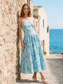 Đầm maxi không dây vai in hoa dành cho nữ - Nhiều màu - Xem 3